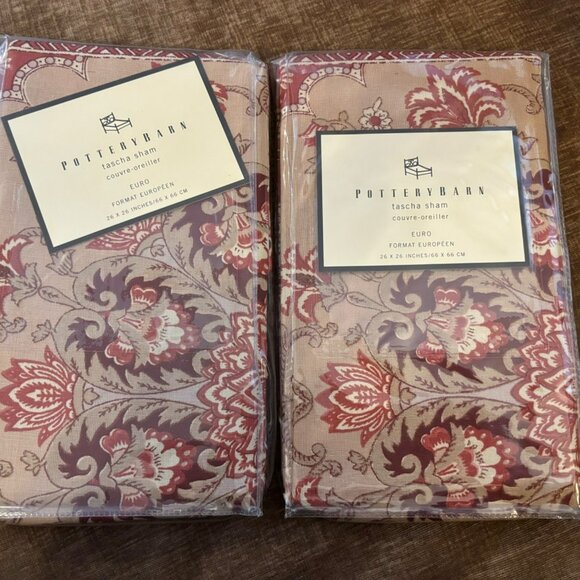 Pottery Barn Tascha Euro Shams 26"x26" Set Of 2 Red & Beige Floral Design - Picture 2 of 4